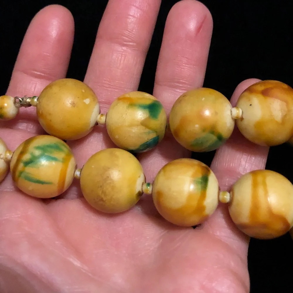Vintage Kid’s Yellow-Tan and Green Wooden Beaded Necklace